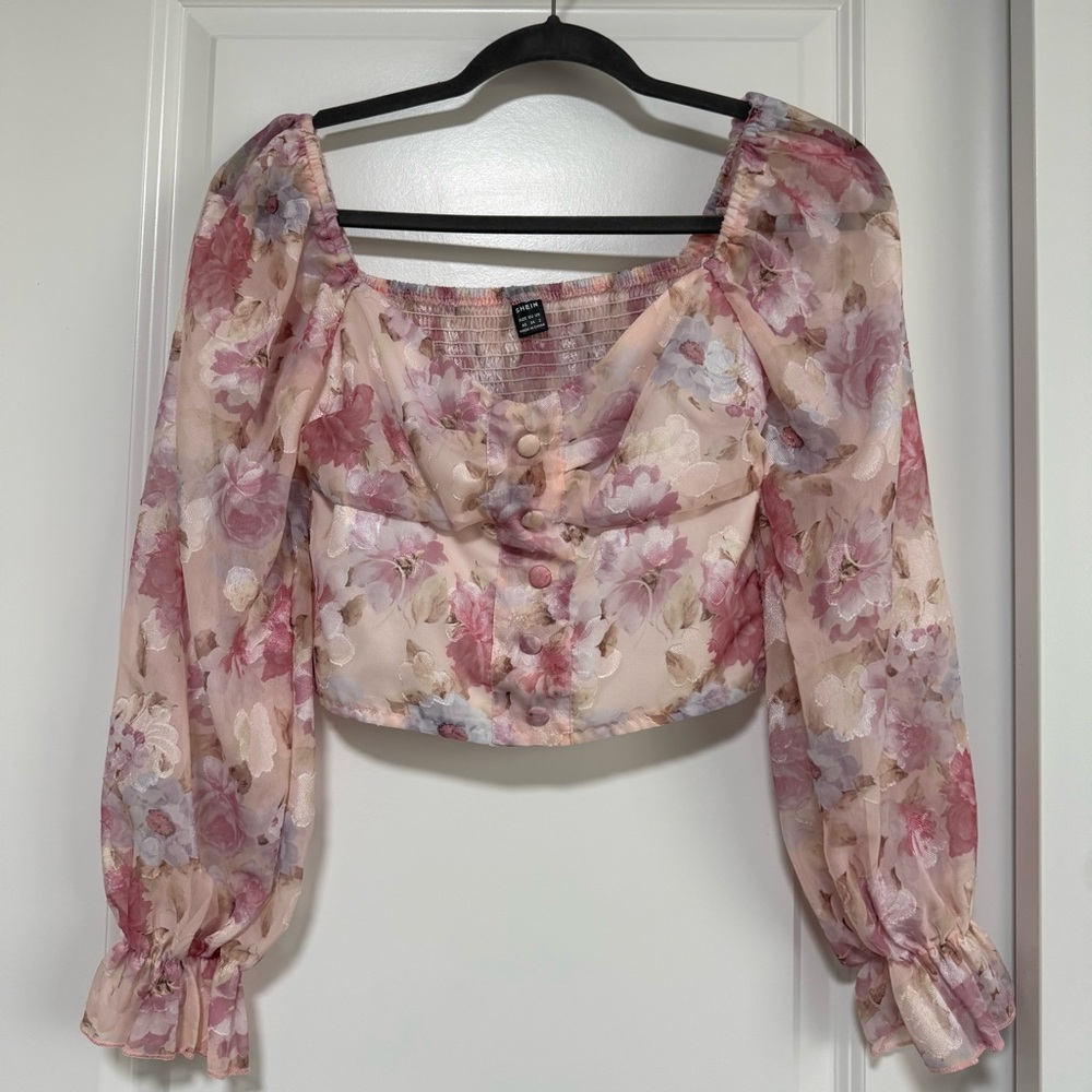 Floral Blouse Crop Top Long Sleeves Summer - Picture 7 of 7